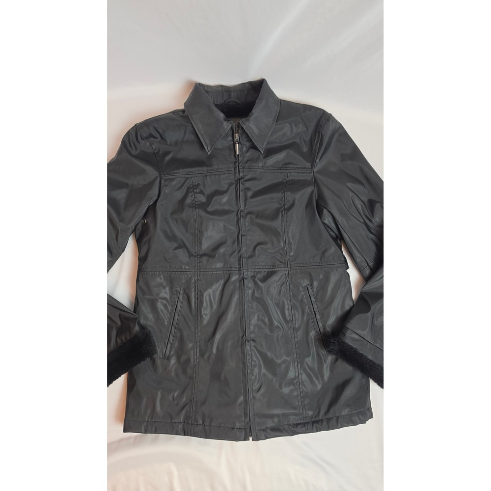Lee Black Slicker Jacket Faux Fur Trim Cyberpunk Goth Moto Small LL5377